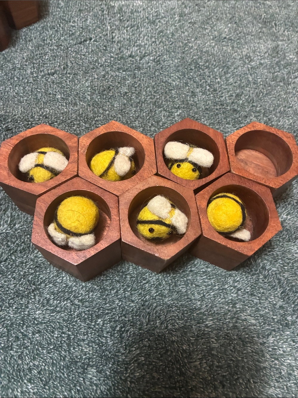 Handmade Felt Bee Game Pieces in Wooden Hex Holders - Yellow